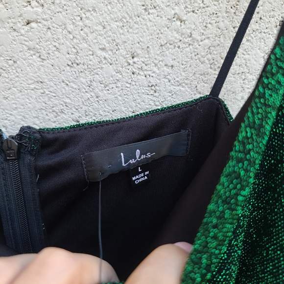 Lulu's | Take Me Anywhere Green Sparkly Asymmetrical Bodycon Mini Dress NEW - Picture 4 of 7